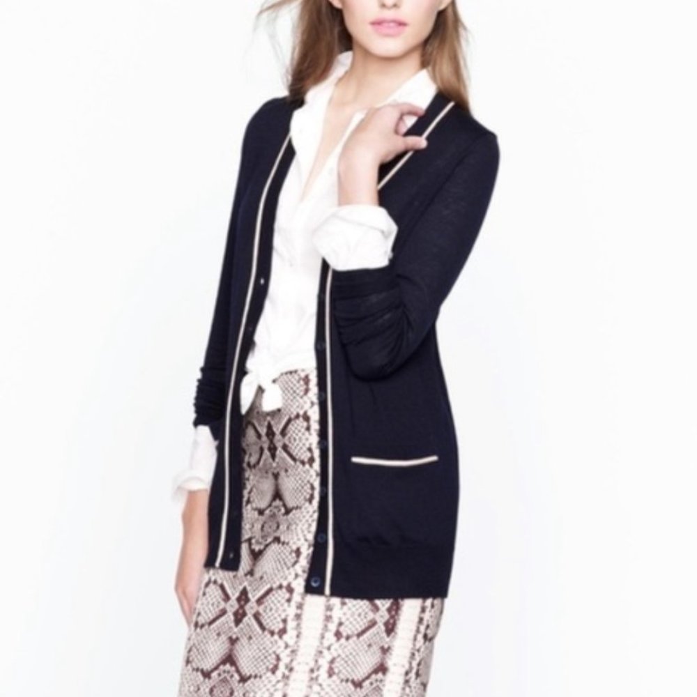 J.Crew cotton cardigan navy blue with white piping Size Small